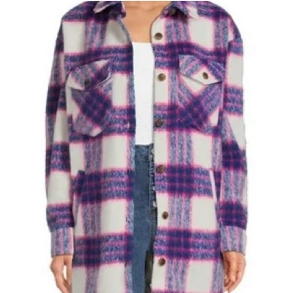 Madden NYC Women’s Plaid Shacket Jacket Size L White Blue Pink Button Front Warm - Picture 12 of 12